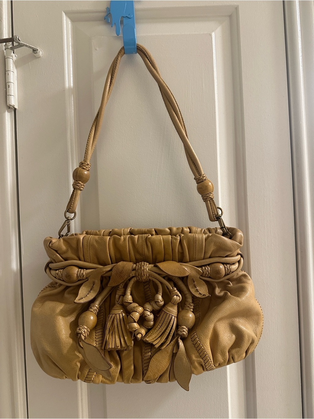 Tan Leather Shoulder Bag with Braided Tassel Detail